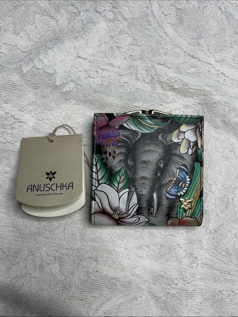 Anuschka Multicolor Painted Leather Wallet with Elephant Motif